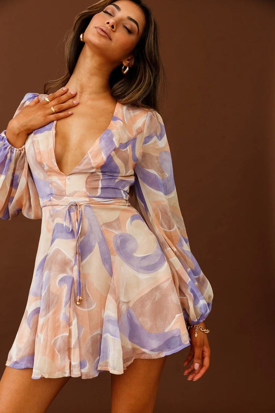 Hello Molly Abstract Print Plunge Long Sleeve Mini Dress XS